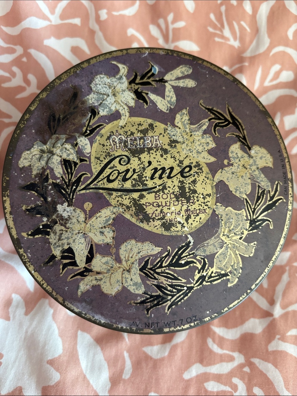 Source Unknown Lov Me Powder Tin in Purple and Gold, vintage